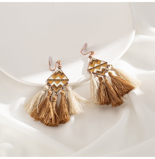 Clip on earrings - bohemian style brown tassel geometric shape