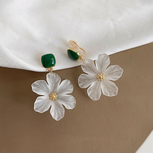 Clip on earrings - frosted white flower with green round corner square