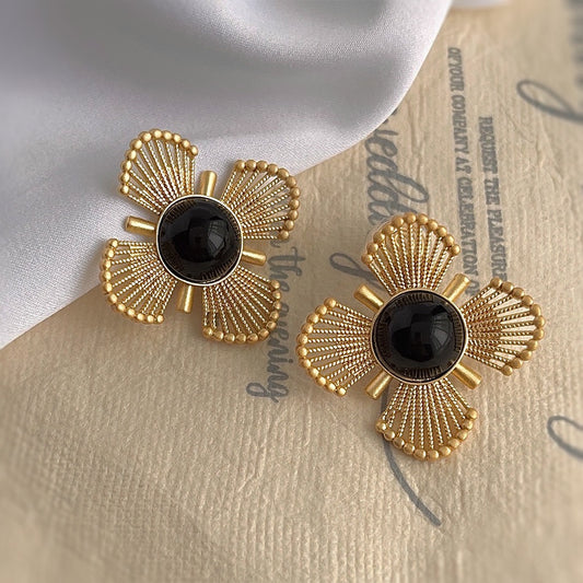 Clip on earrings - vintage golden and black flower