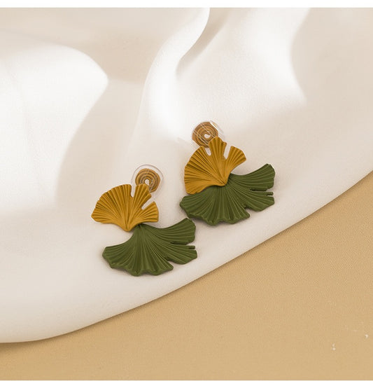 Clip on earrings - ginkgo leaf yellow and green