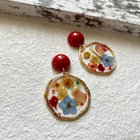 Clip on earrings - unique red and blue dried flower