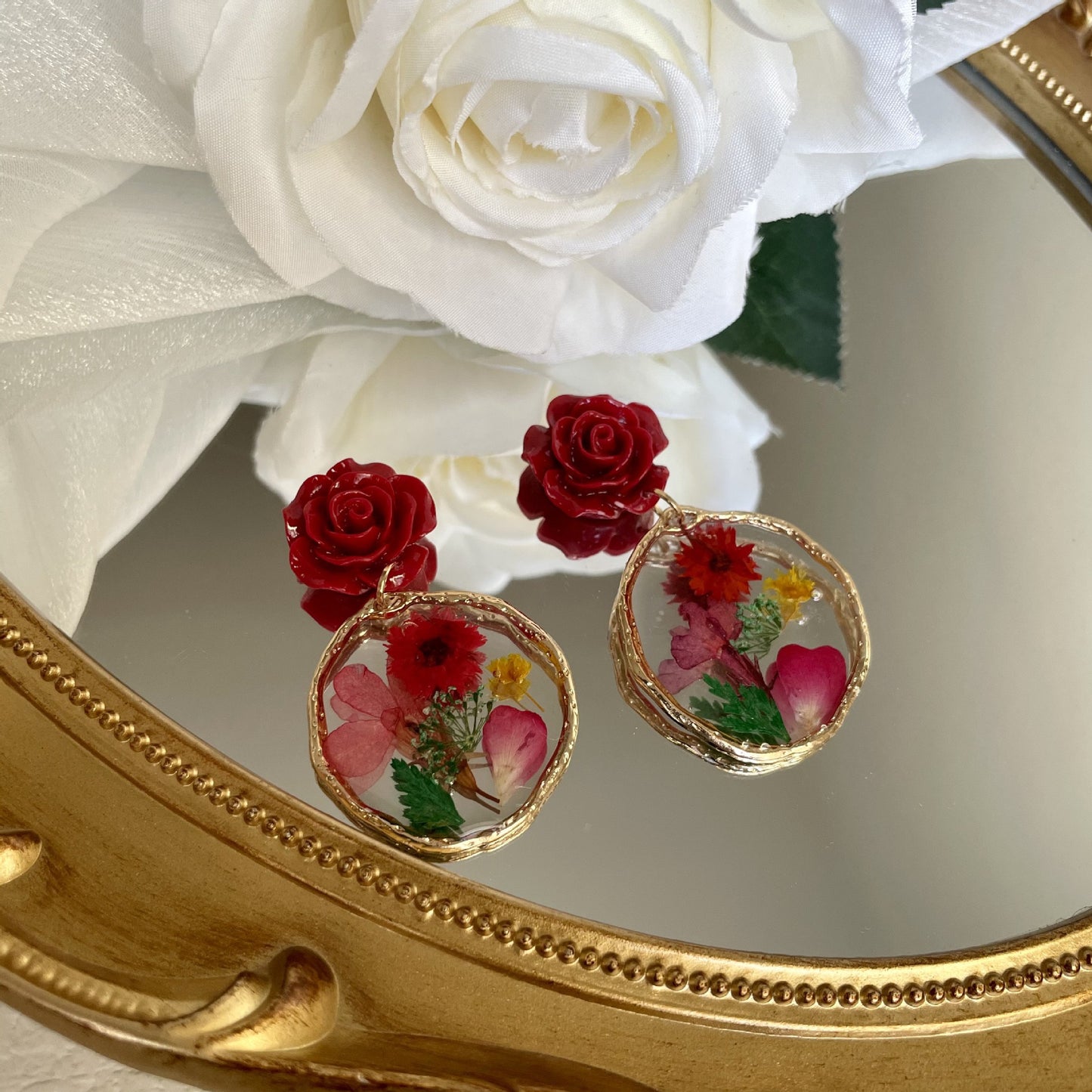 Clip on earrings - unique red dried flower