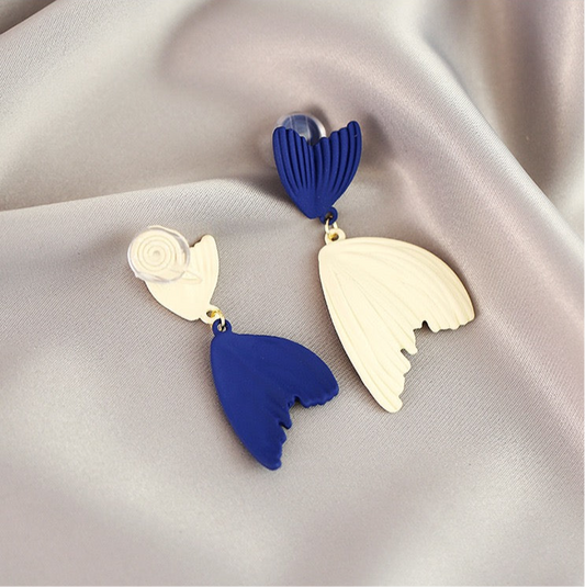 Clip on earrings - asymmetric fish tail blue and white