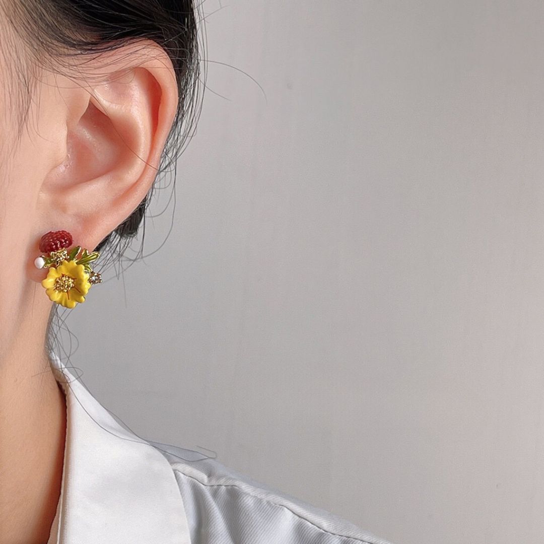 Clip on earrings - enamel glaze sun flower