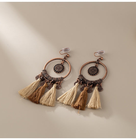 Clip on earrings - bohemian style brown and beige