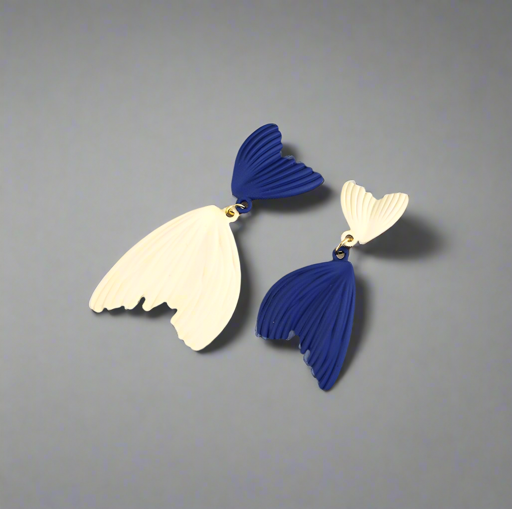 Clip on earrings - asymmetric fish tail blue and white