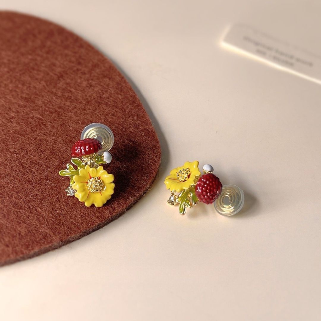 Clip on earrings - enamel glaze sun flower