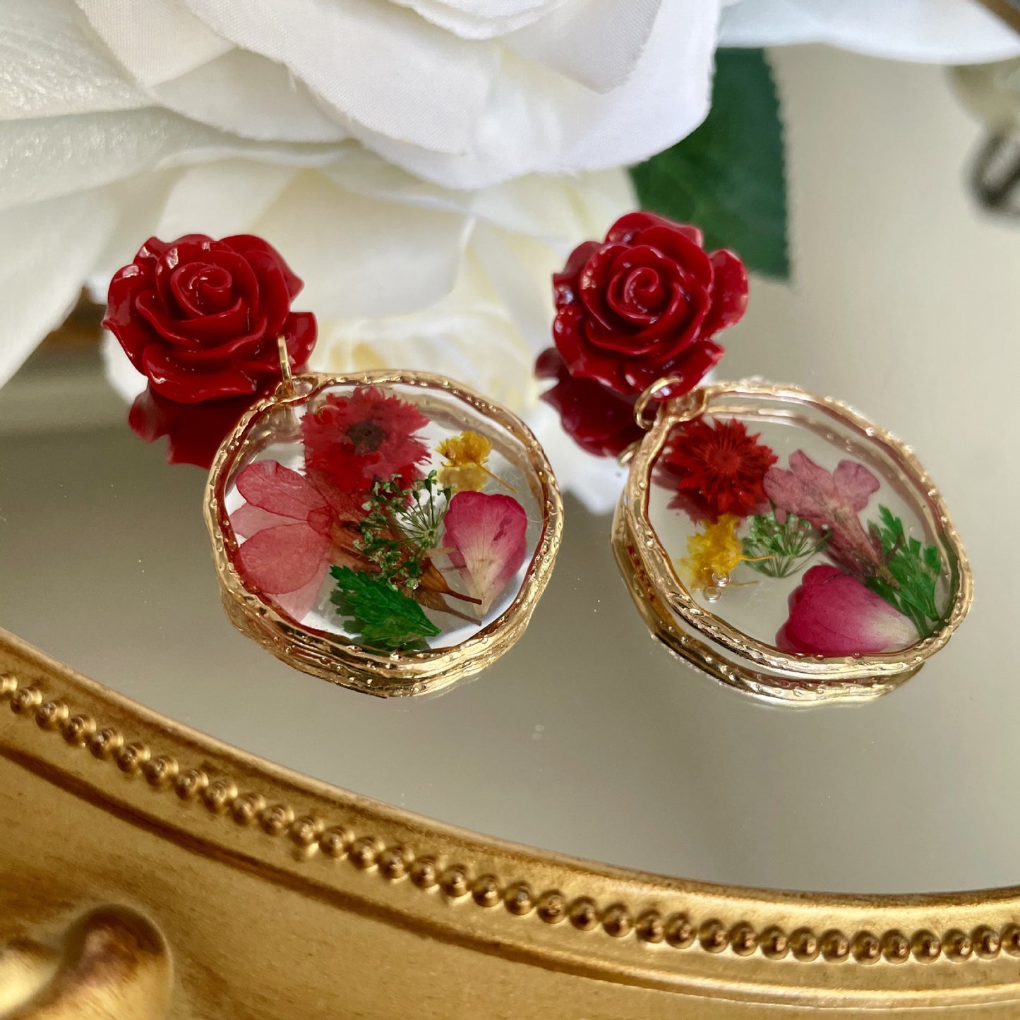 Clip on earrings - unique red dried flower