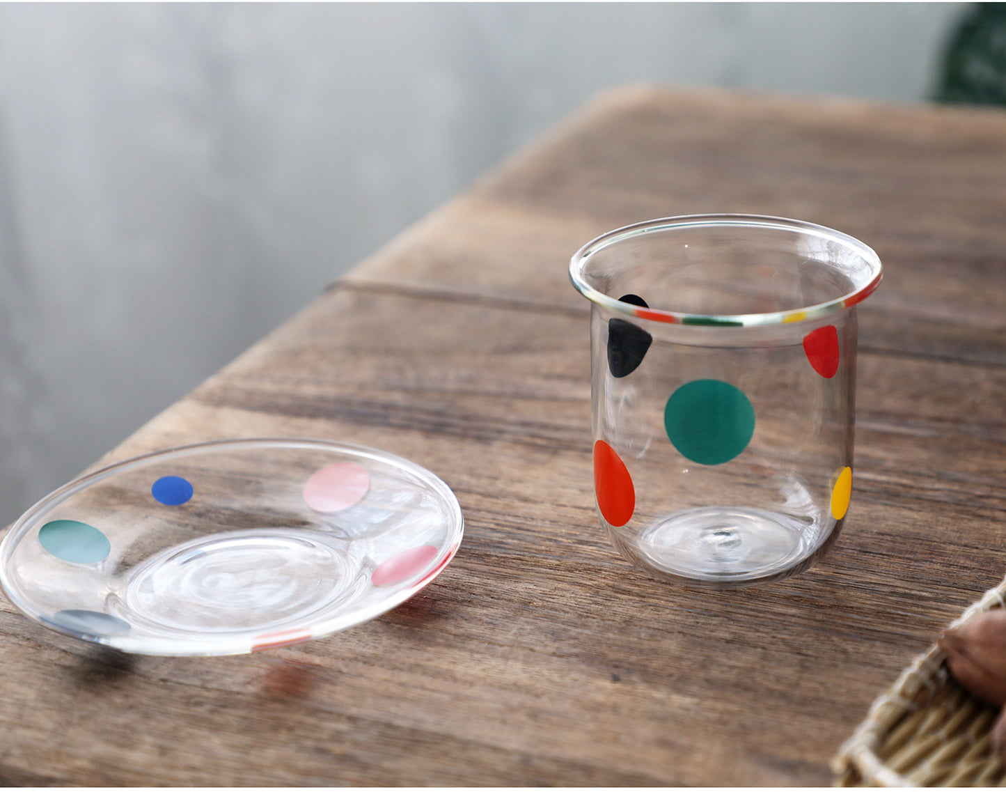 Unique Colourful Dot Transparent Glass & Saucer Set | Tableware