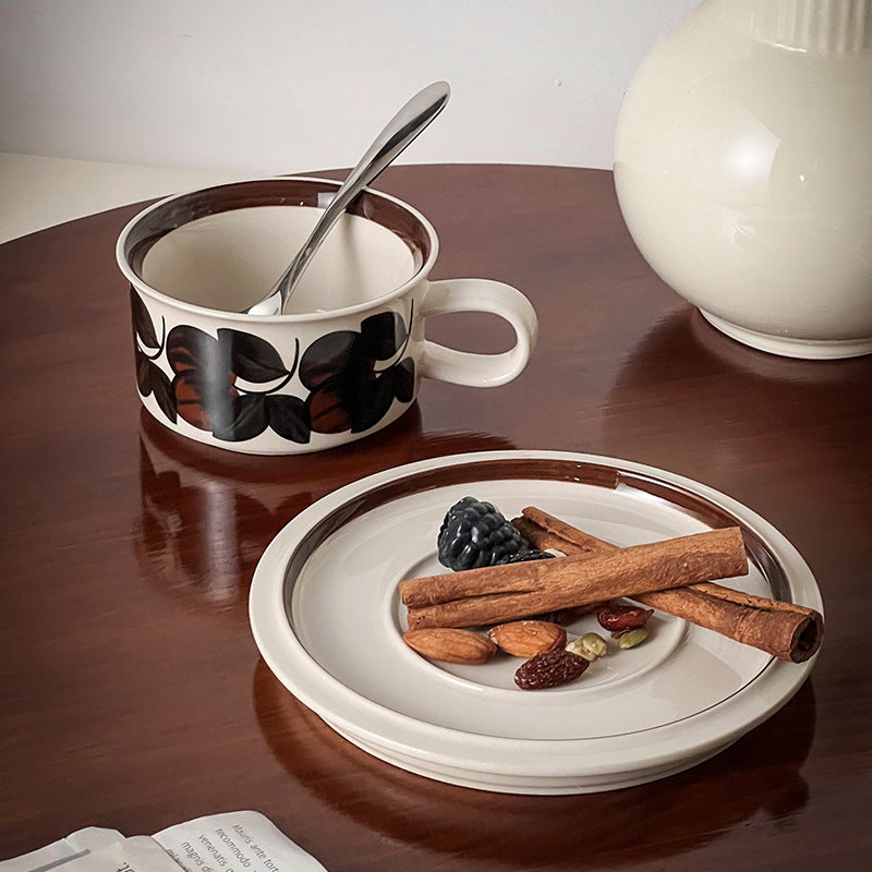 Dark Brown Leaves Vintage Style Ceramic Coffee Cup and Saucer Set WEEKO