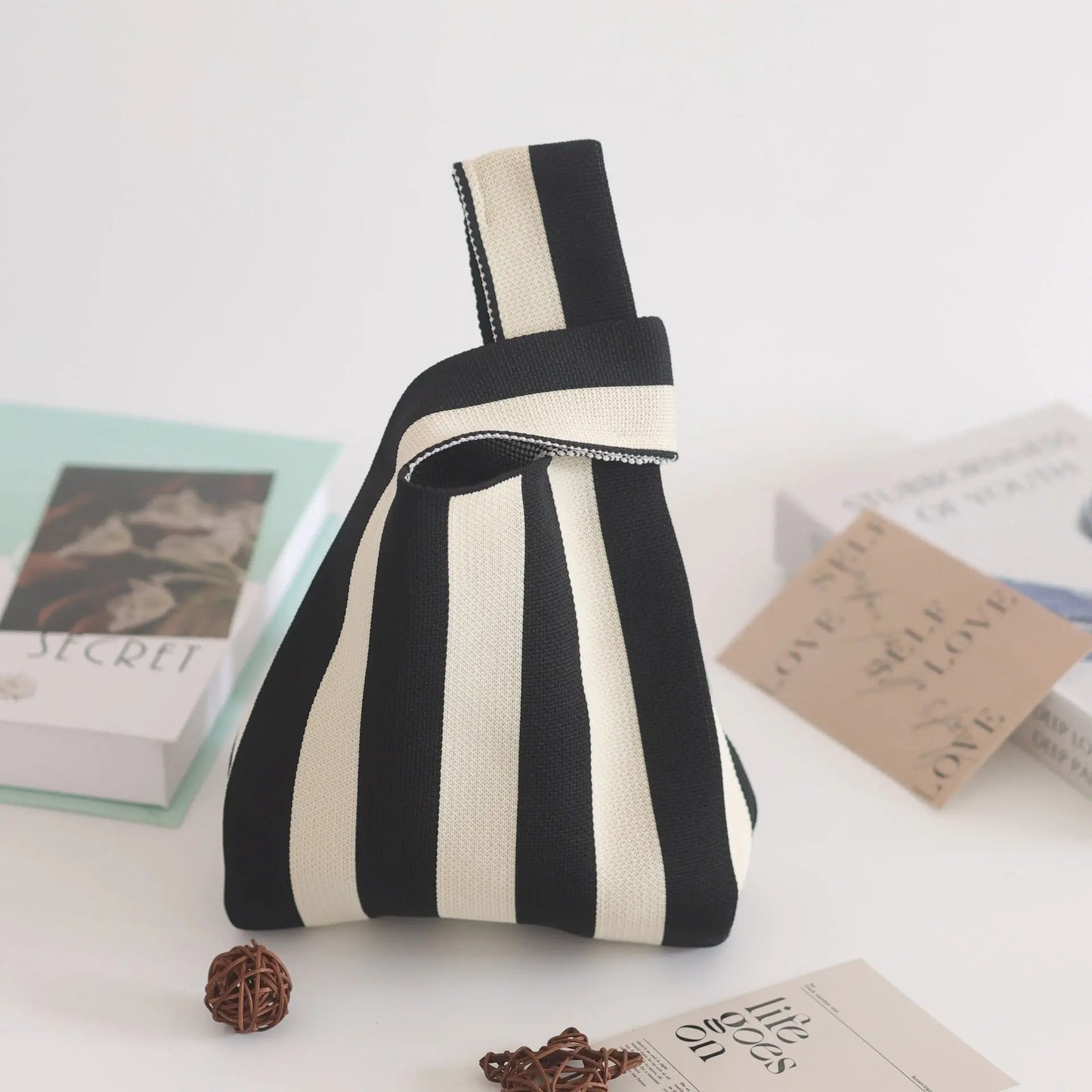 Striped tote bag - black and white/ red and white WEEKO