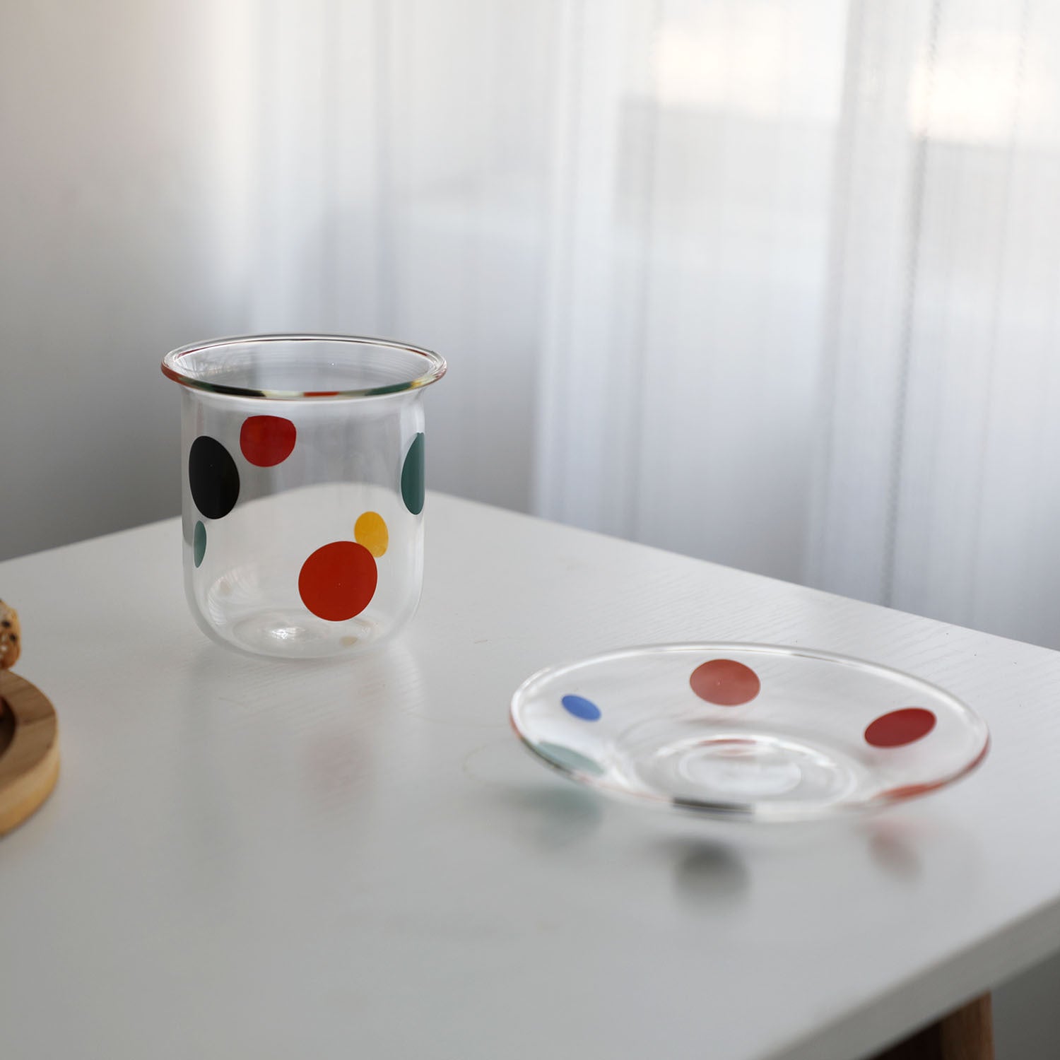 Unique Colourful Dot Transparent Glass & Saucer Set | Tableware