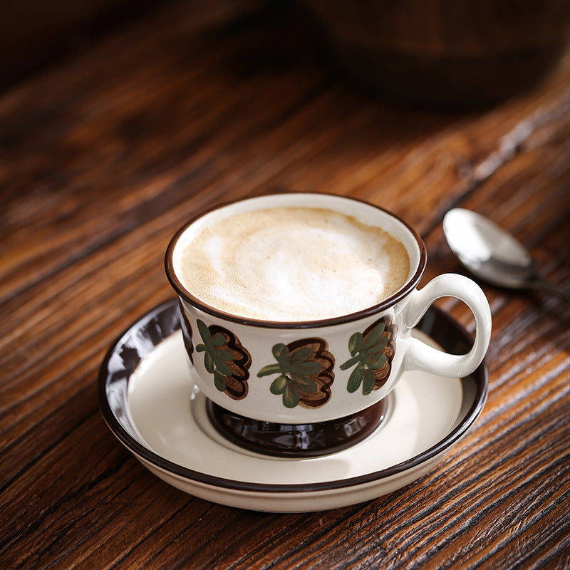 Hand-Painted Vintage Brown Flower Ceramic Coffee Cup Set WEEKO