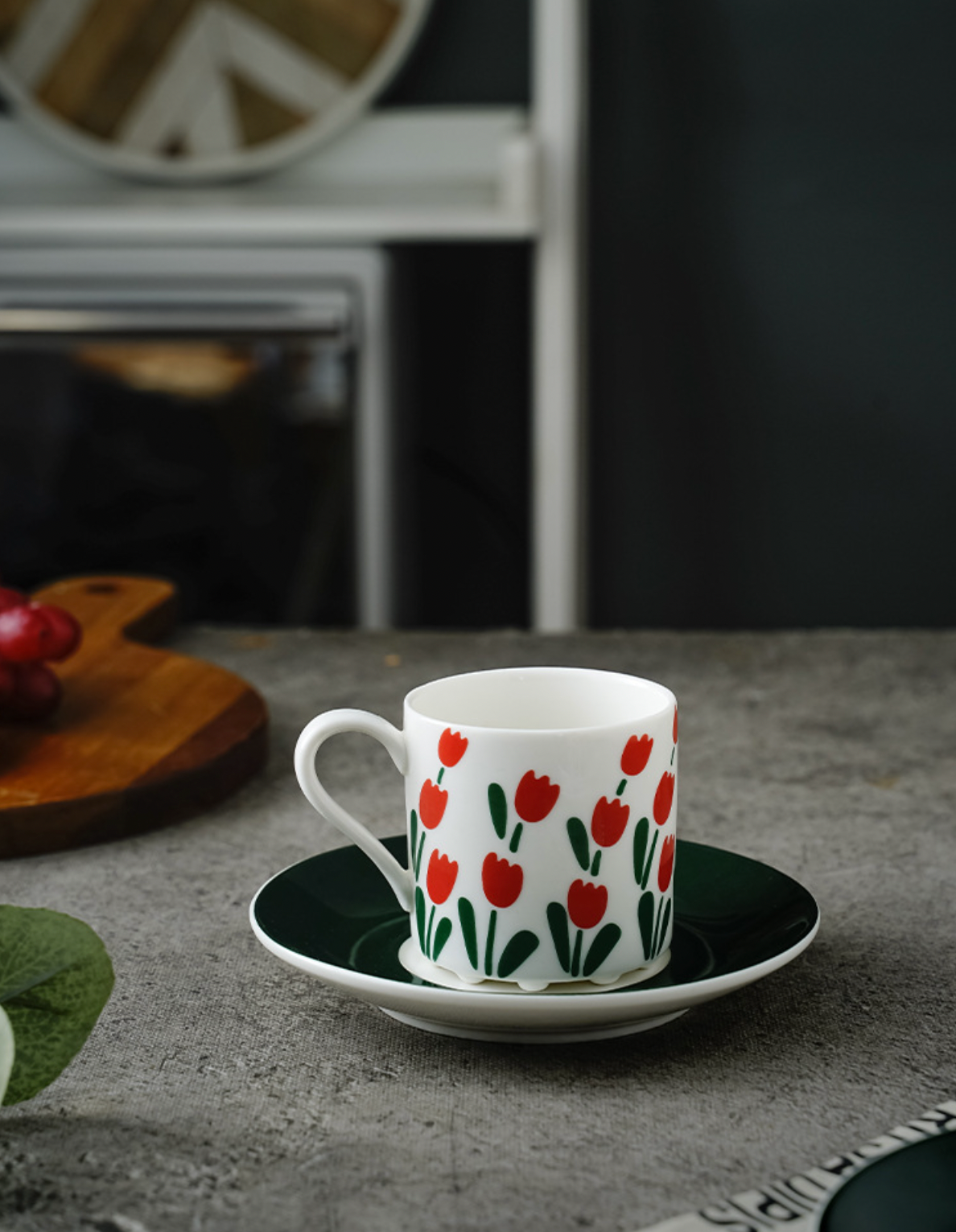 Vintage Style Tulip Ceramic Coffee Cup and Green Saucer | Tableware - WEEKO